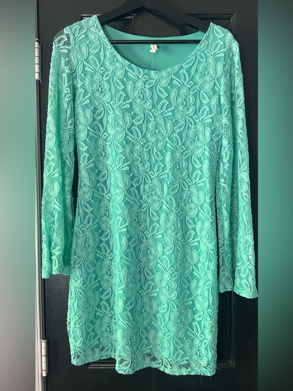 Mint Green Lace Long Sleeve Shift Dress with Bell Sleeve, Large